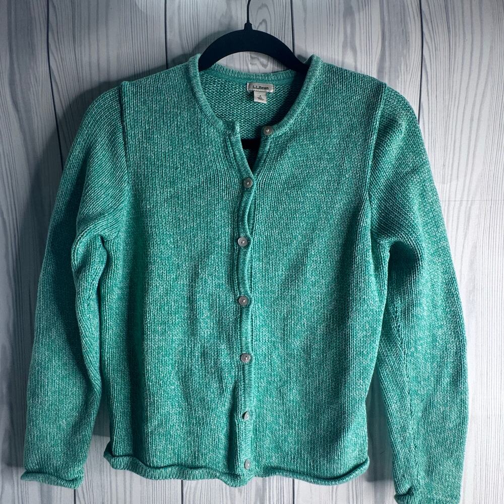 L.L. Bean Green Cardigan Sweater Small 100% Cotton  St Patrick’s Day